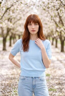 🔥Light Blue Retro Style Short Sleeve Sweater Top Large